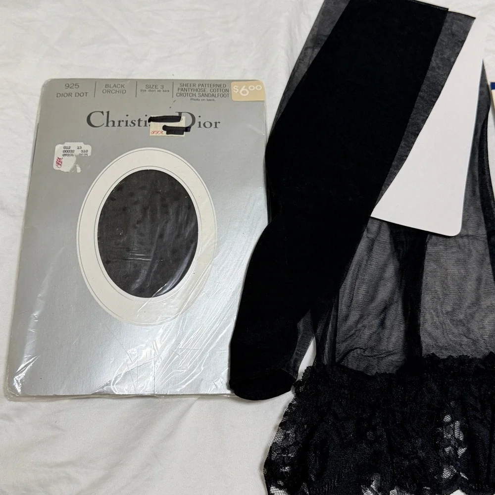 Vintage Christian Dior, Givenchy Pantyhose Lot 3 Pairs Black Dot Lace‎ Shimmer